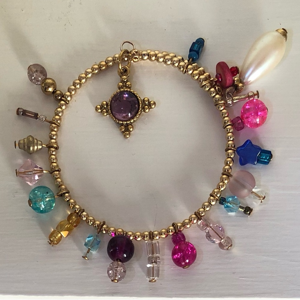 Handmade Multicolor Glass & Crystal Beaded Gold-Tone Charm Memory Wire Bracelet